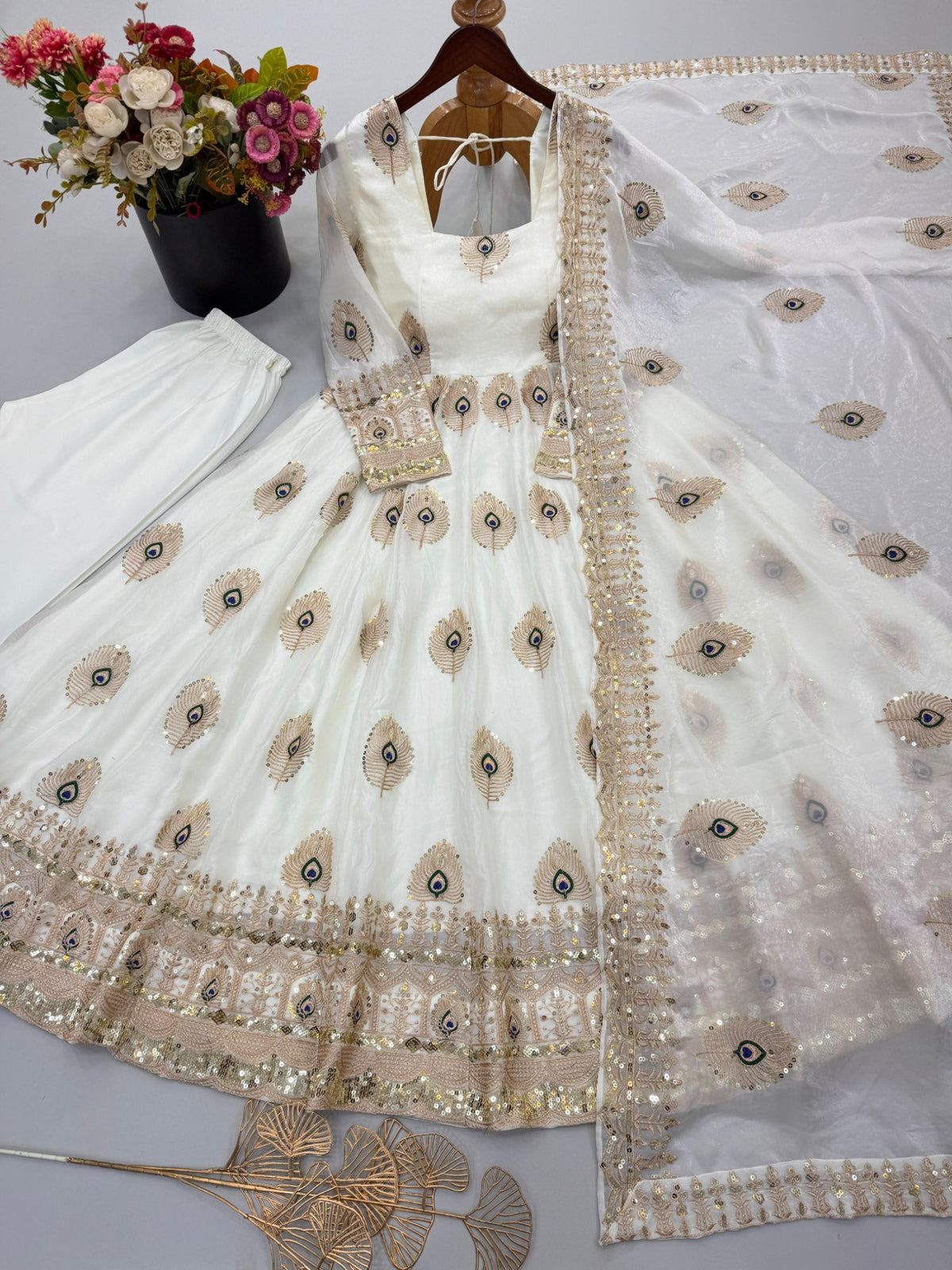 Ivory white Fandy silk gown, pant and embroidered dupatta set