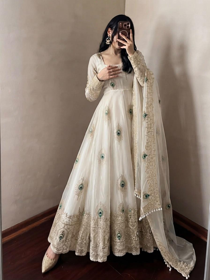 Ivory white party wear Anarkali gown set – full-length view