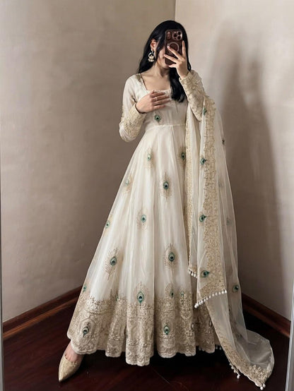 Ivory white party wear Anarkali gown set – full-length view