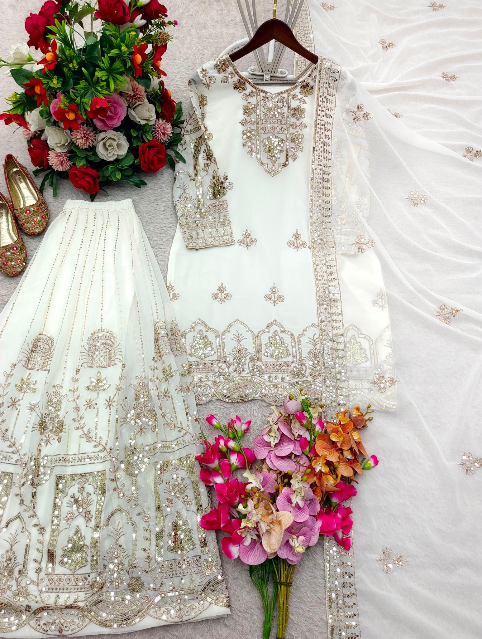 Ivory white sequin embroidered top sharara and dupatta set flat lay