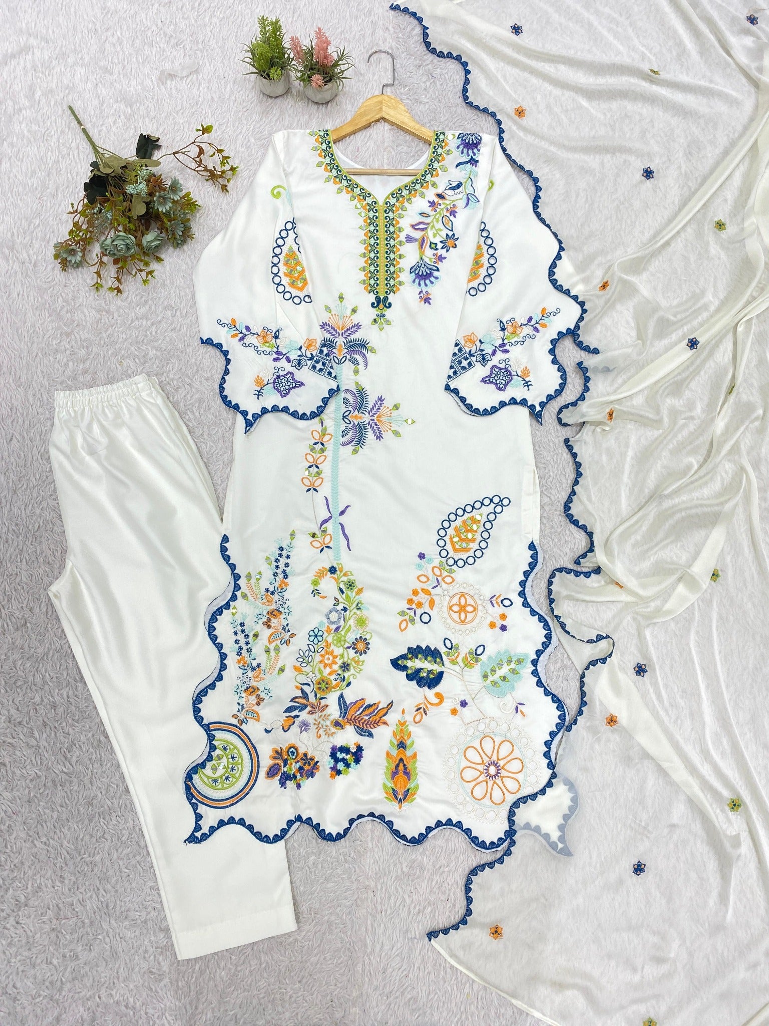 Ivory white three-piece Pakistani suit set with dupatta