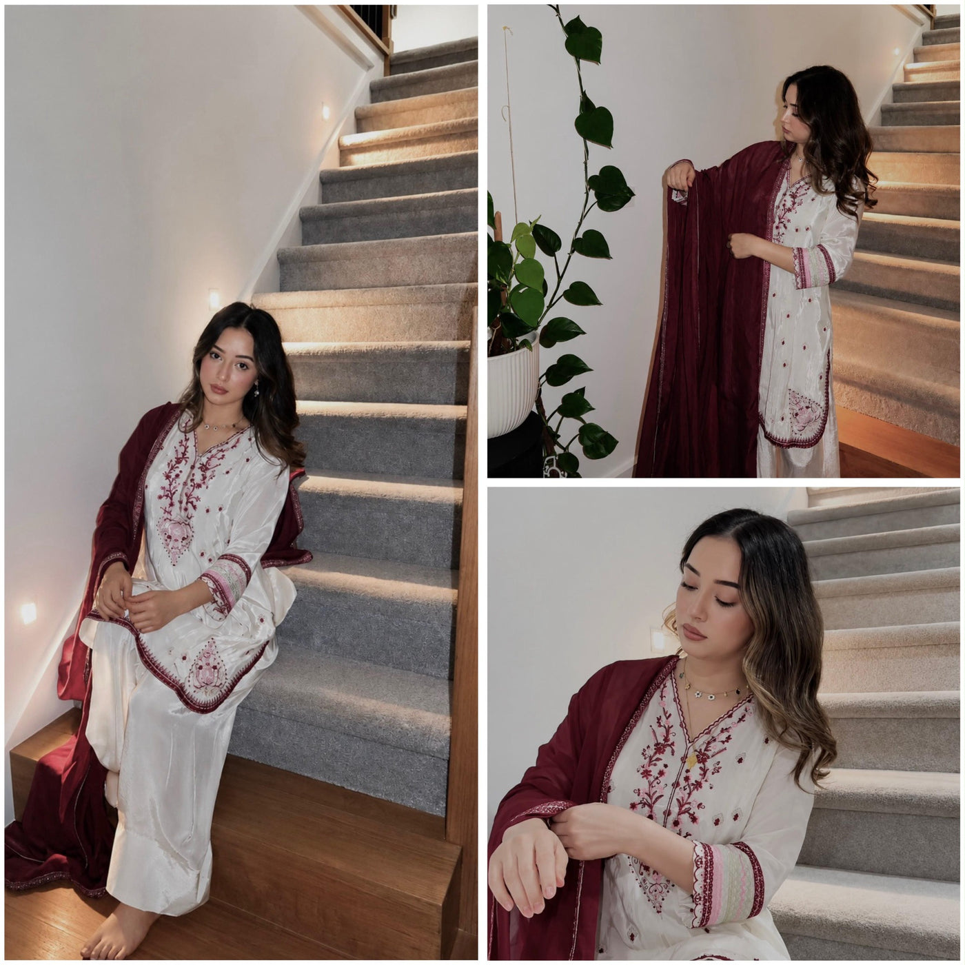 Ivory and wine embroidered Farshi salwar suit model collage
