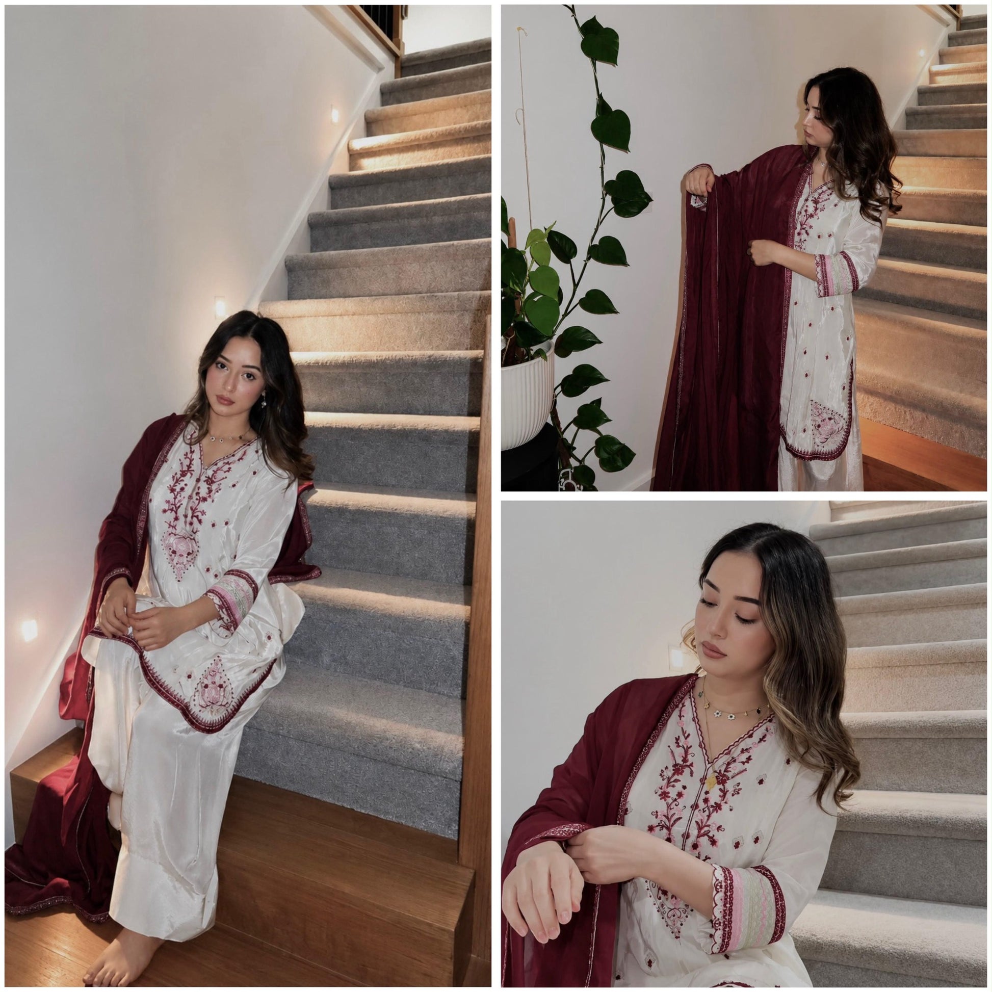 Ivory and wine embroidered Farshi salwar suit model collage