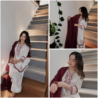 Ivory and wine embroidered Farshi salwar suit model collage