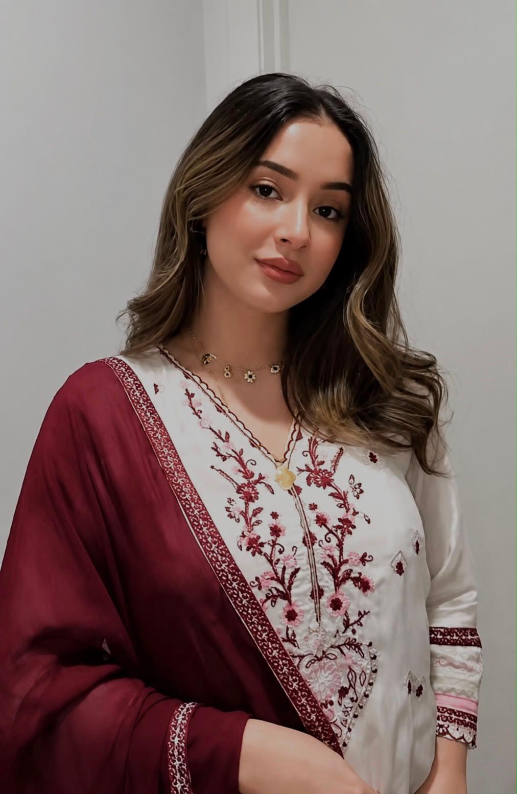 Ivory embroidered kurti wine floral neckline close-up