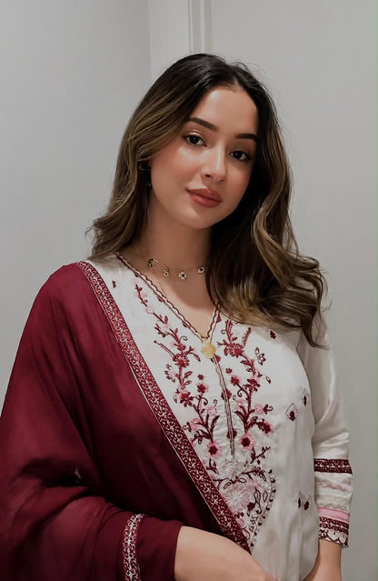 Ivory embroidered kurti wine floral neckline close-up