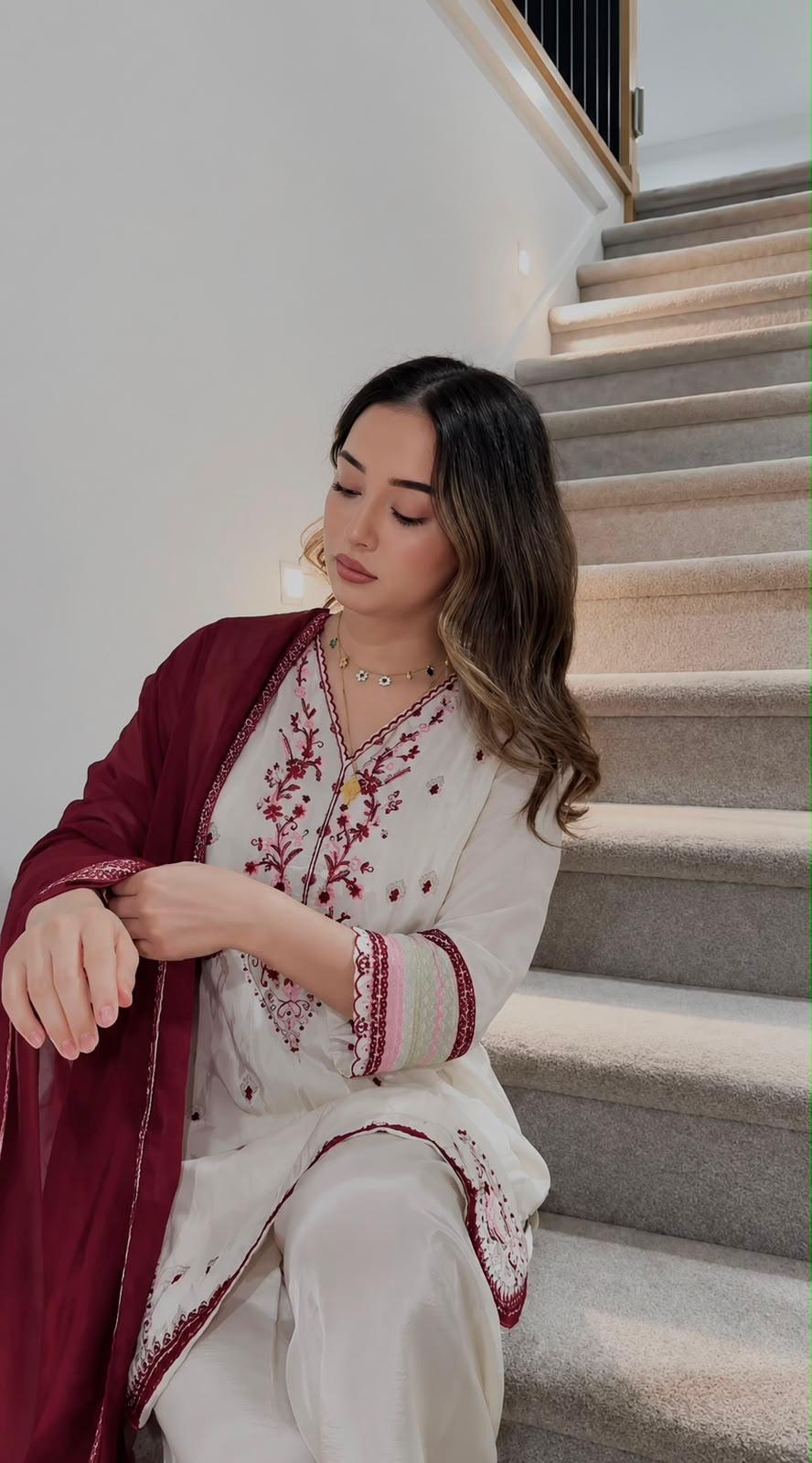 Ivory silk kurti embroidered sleeve and neckline detail