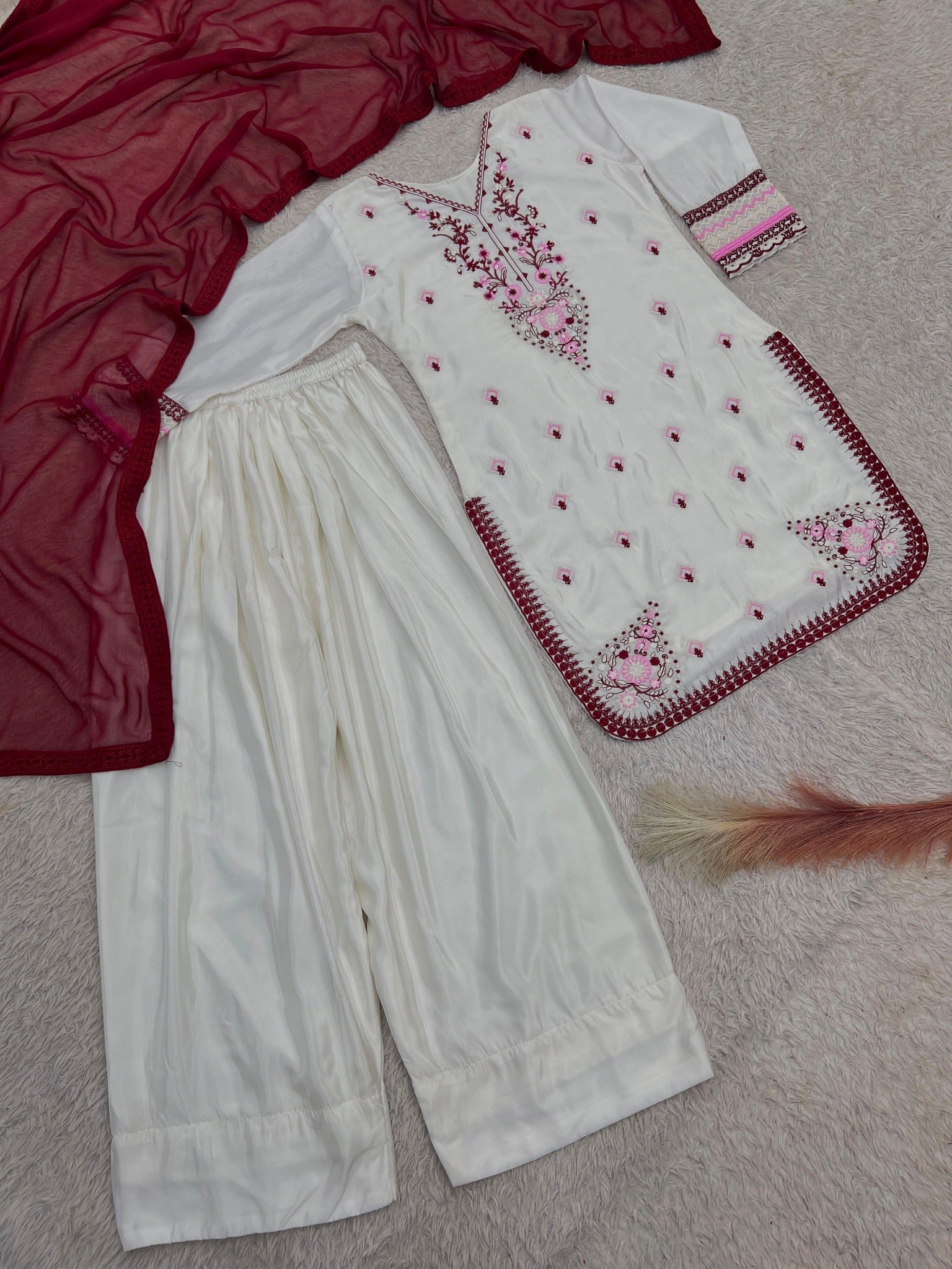 Ivory HO silk kurti Farshi salwar and wine dupatta flat lay
