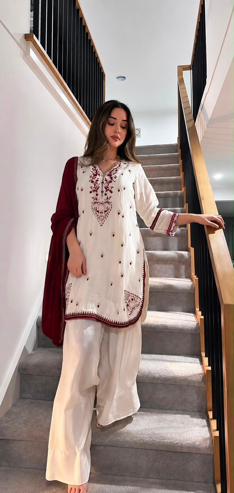 Ivory and wine embroidered Farshi salwar set full-length front view