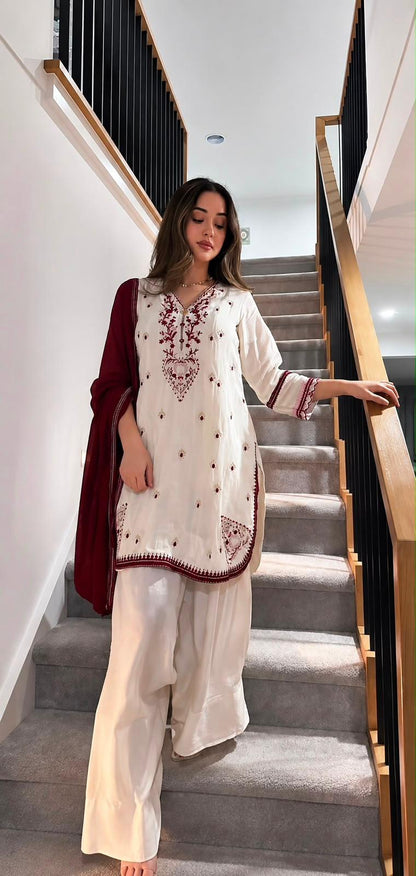 Ivory and wine embroidered Farshi salwar set full-length front view