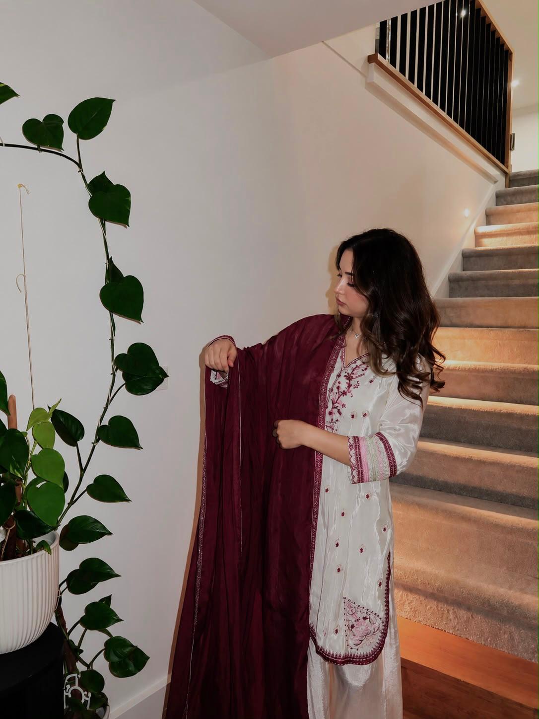 Ivory embroidered Farshi salwar suit with wine dupatta
