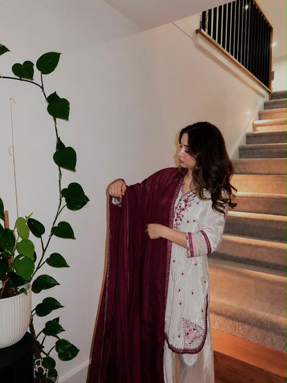 Ivory embroidered Farshi salwar suit with wine dupatta