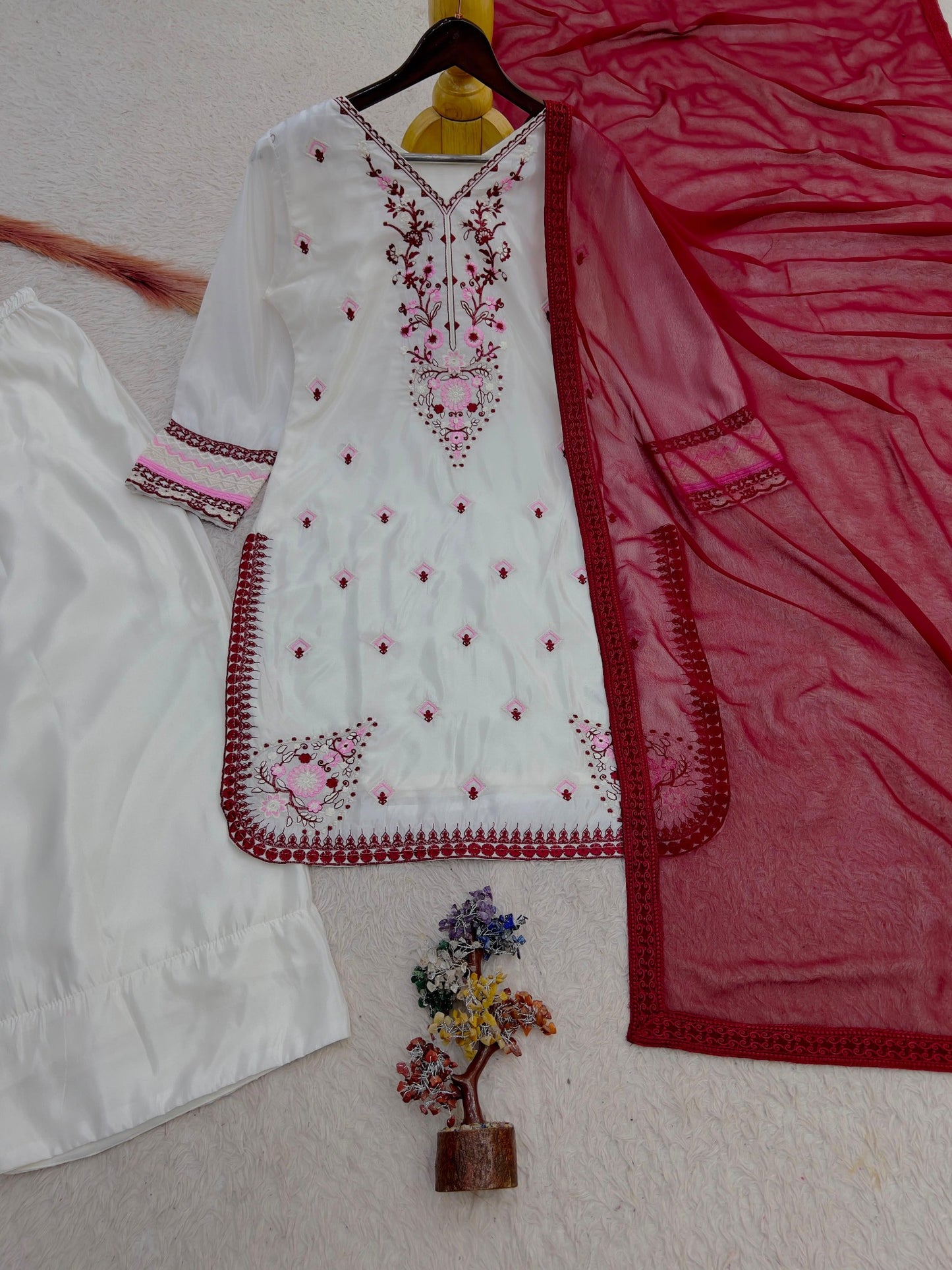 Ivory and wine three-piece embroidered Farshi salwar suit set
