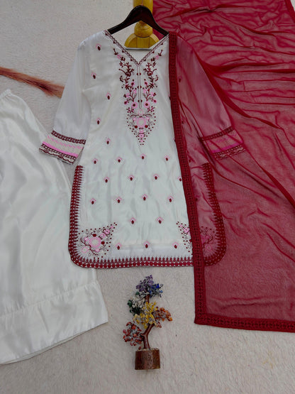 Ivory and wine three-piece embroidered Farshi salwar suit set