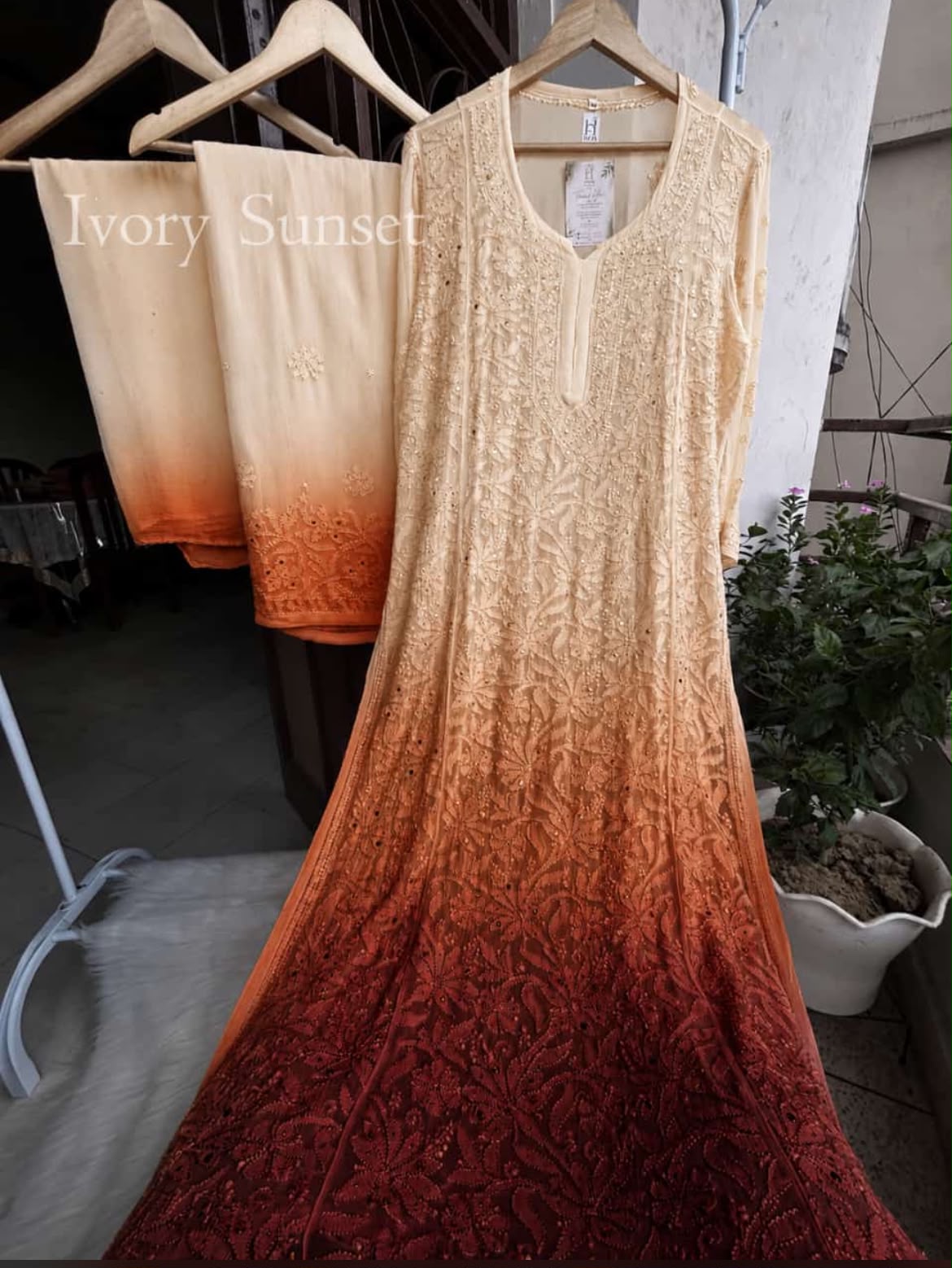 Ivory Sunset Viscose Resham Mukesh Jaal Kurti Palazzo Set with Dupatta