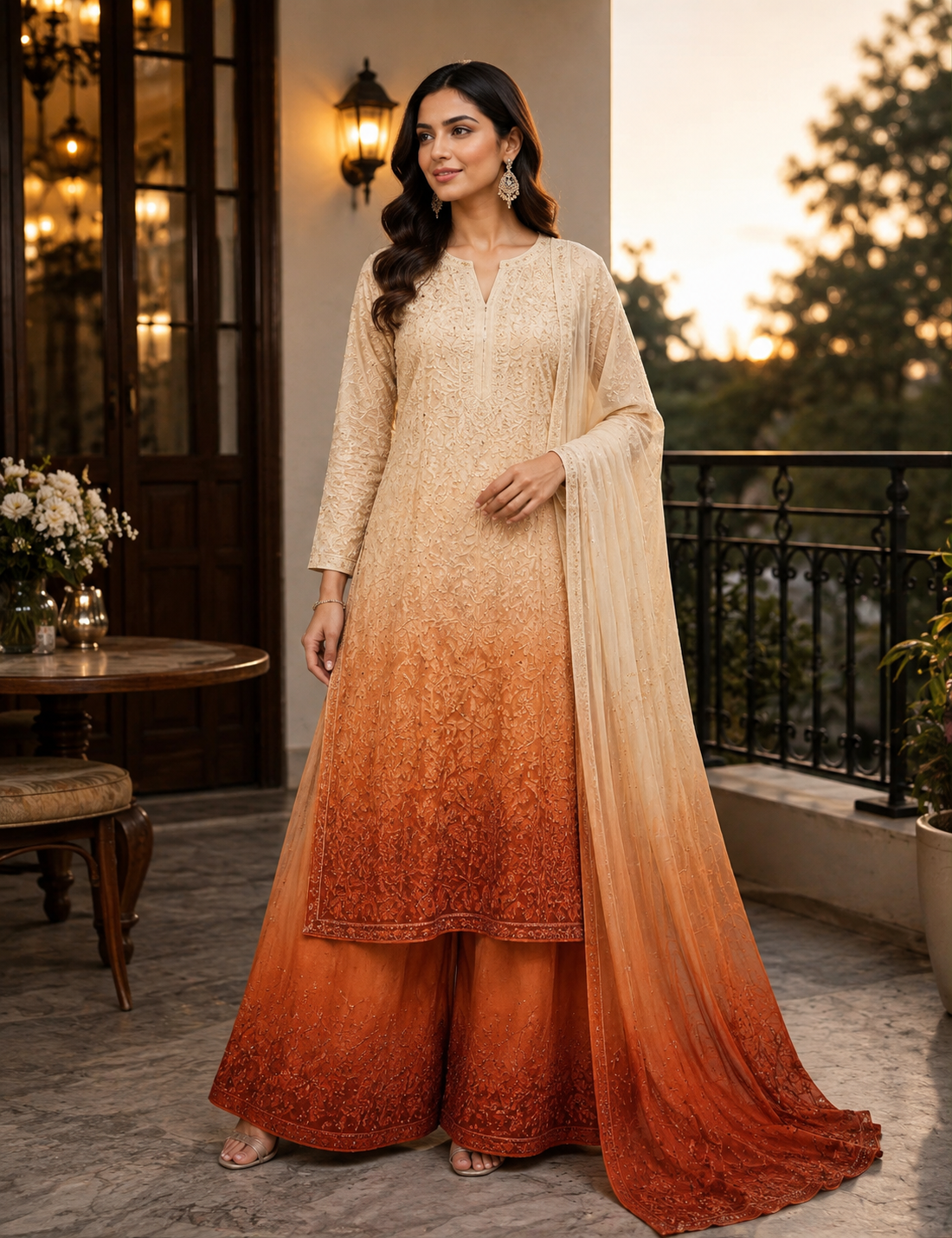 Ivory Sunset Viscose Resham Mukesh Jaal Kurti Palazzo Set with Dupatta