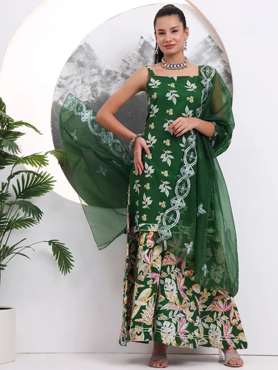 Jaipuri Bottle Green Floral Pure Cotton Short Kurta Sharara Dupatta Set