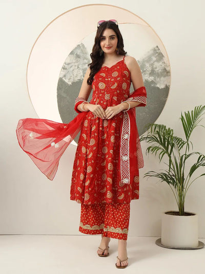 Jaipuri Bright Red Floral Pure Cotton Anarkali Trouser Dupatta Set
