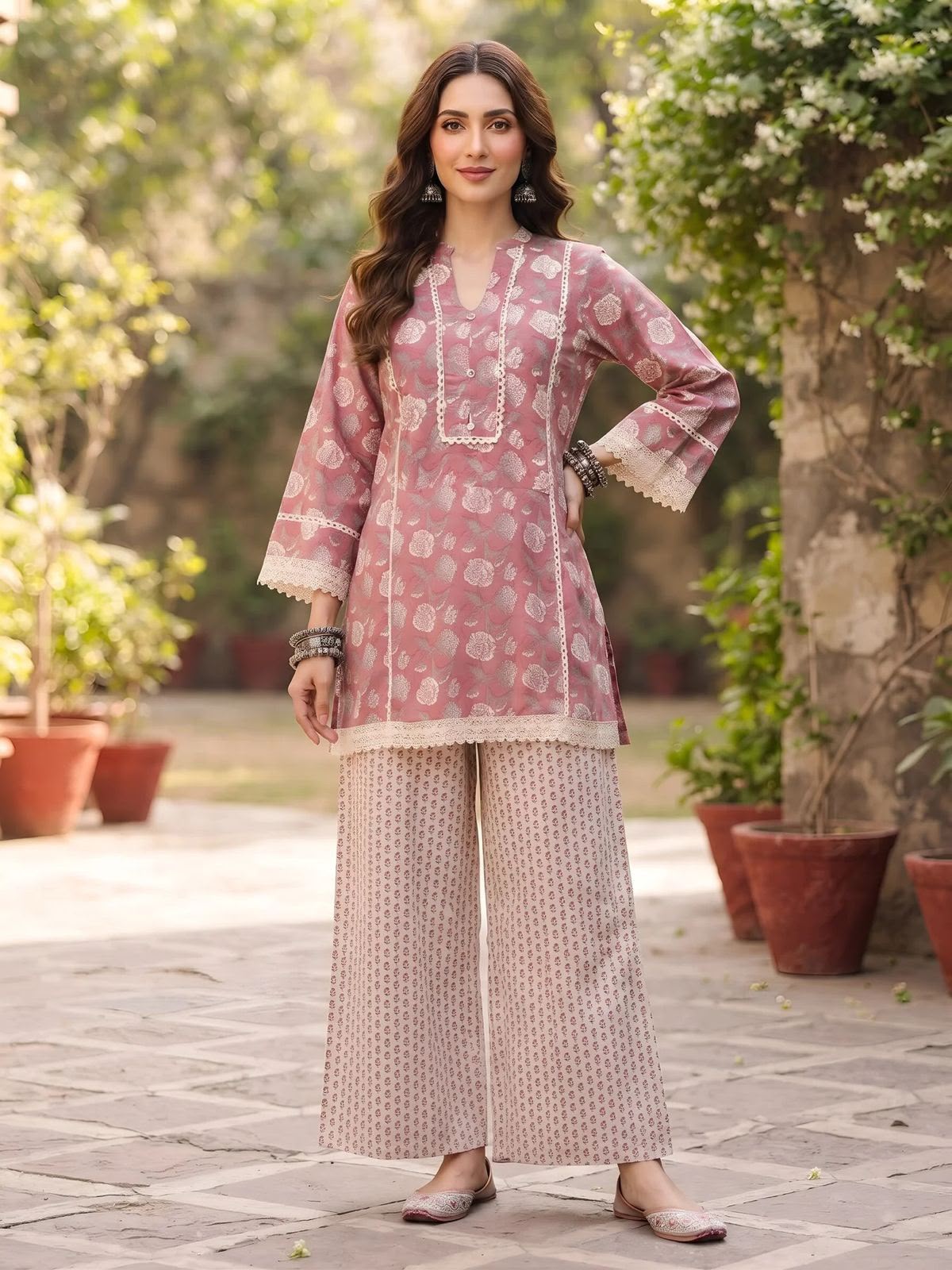 Dusty pink floral cotton kurta with ivory printed wide-leg trousers - full look