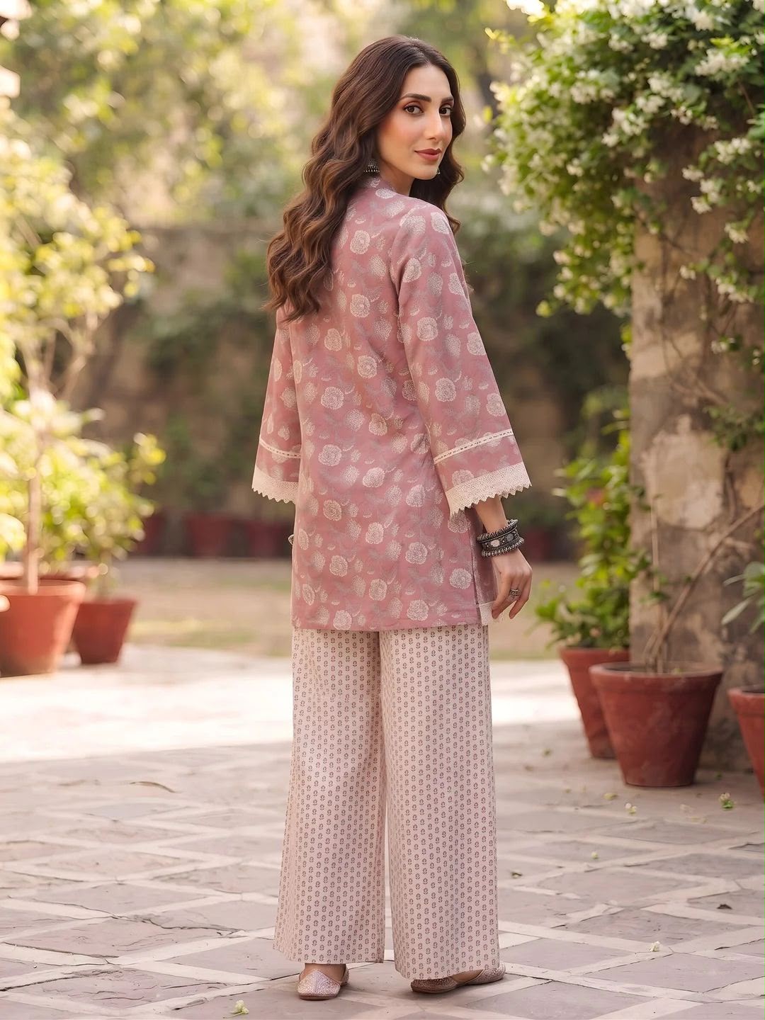 Jaipuri dusty pink floral kurta and ivory trouser co-ord set - back view