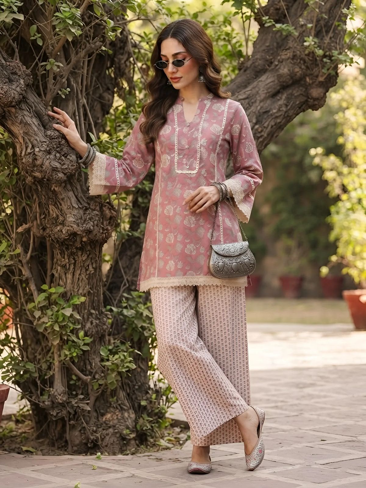 Jaipuri dusty pink floral pure cotton short kurta and ivory trouser co-ord set - front view