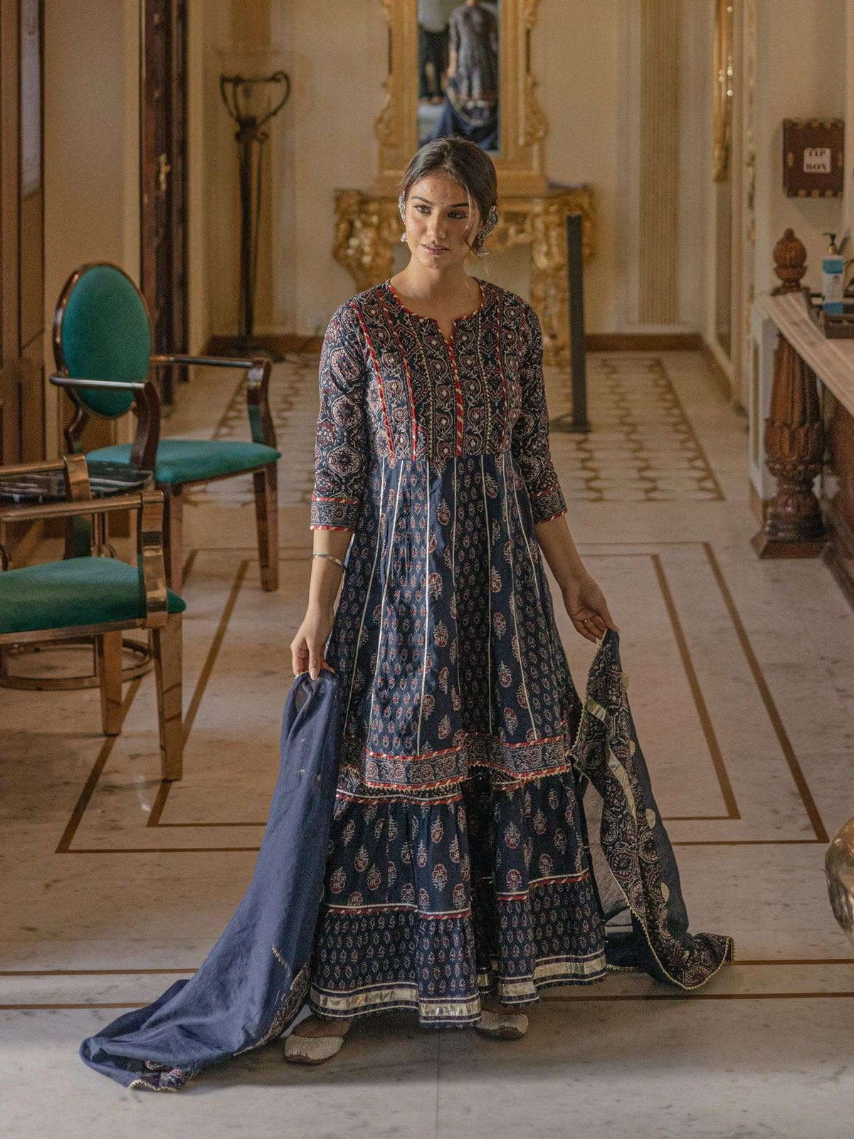 Indigo printed Anarkali sharara and dupatta three-piece set - lifestyle view