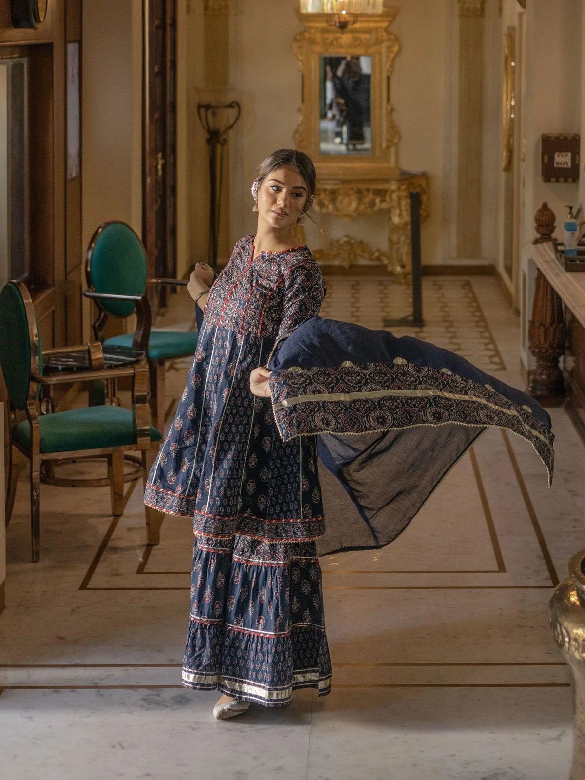 Indigo floral Anarkali sharara set with printed gota-border dupatta - side view