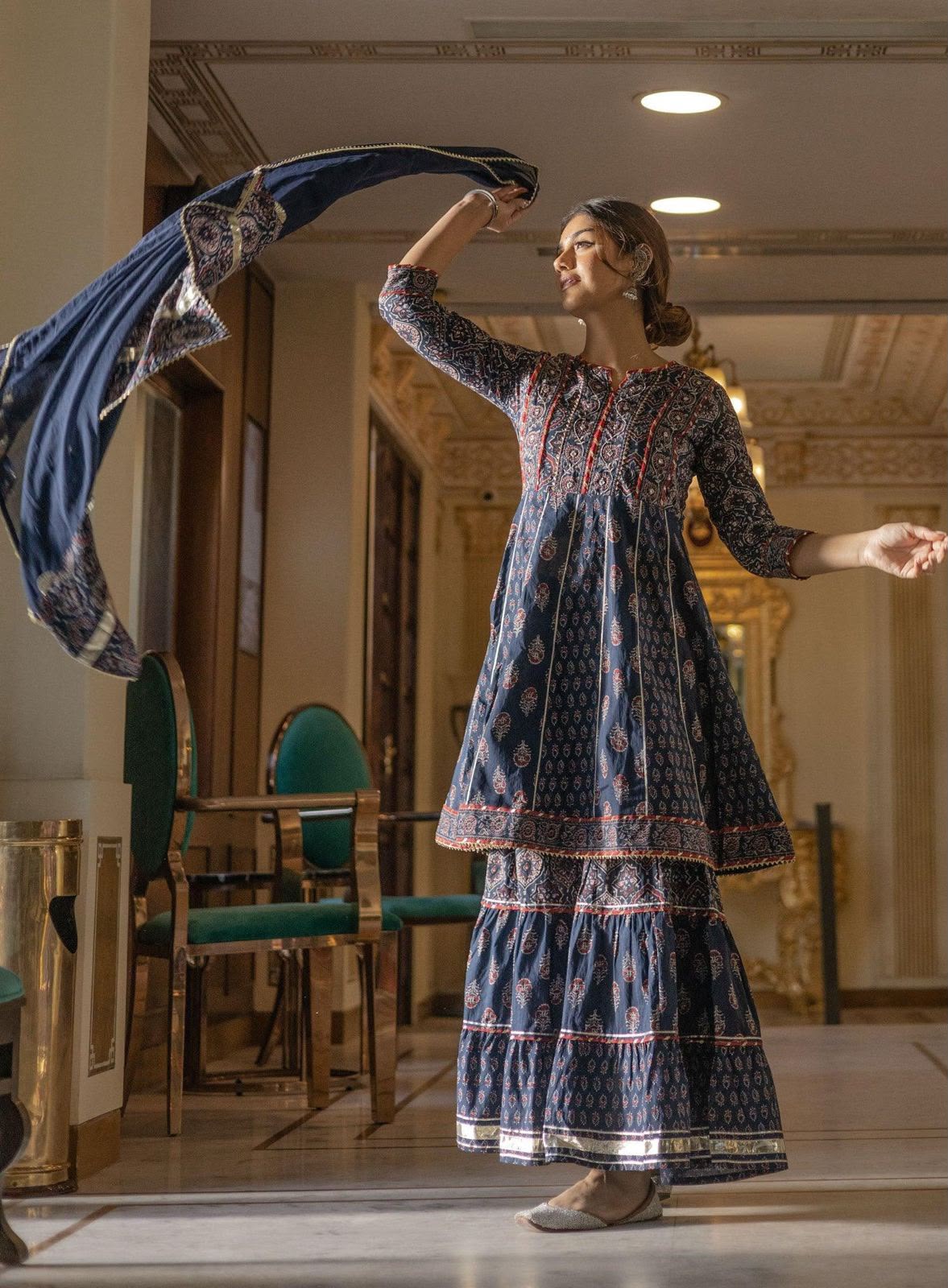 Jaipuri indigo floral pure cotton Anarkali kurta sharara dupatta set - front view