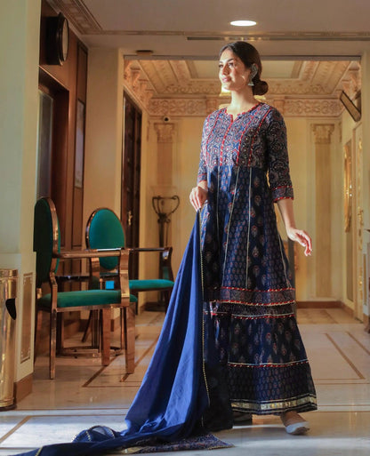 Jaipuri indigo floral cotton Anarkali and sharara set - full-length view