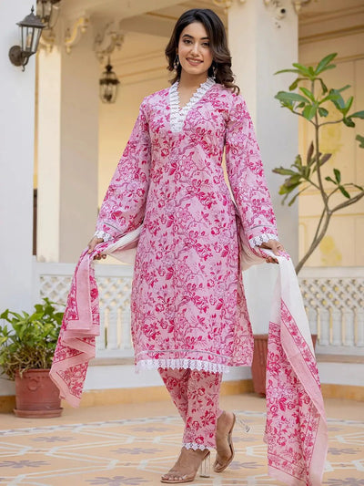 Jaipuri Pink Floral Pure Cotton Kurta Trouser Dupatta Set