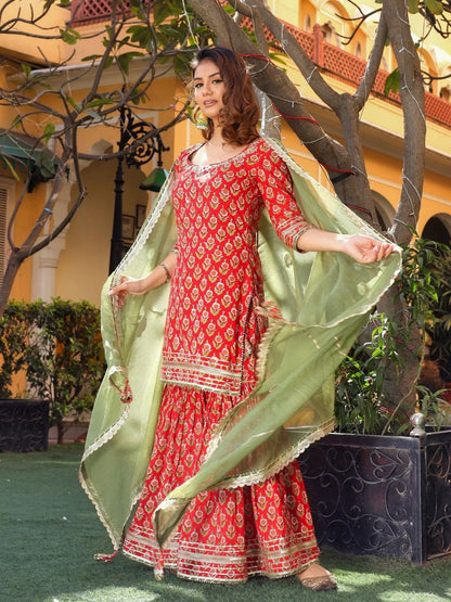 Red Dabu floral cotton kurta sharara and Mehandi green dupatta - lifestyle view
