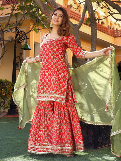 Jaipuri red Dabu floral pure cotton kurta sharara set with Mehandi green dupatta - front view