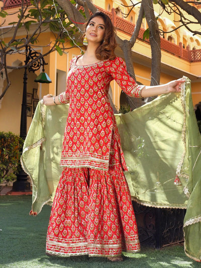Jaipuri Red Dabu Floral Pure Cotton Kurta Sharara Mehandi Green Dupatta Set (Limited Stock)