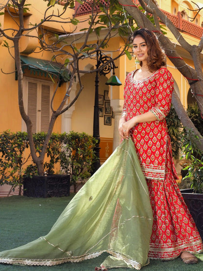 Jaipuri red Dabu floral kurta sharara set with Mehandi green dupatta - full look