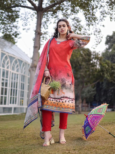 Jaipuri Red Digital Print Pure Cotton Kurta Trouser Dupatta Set