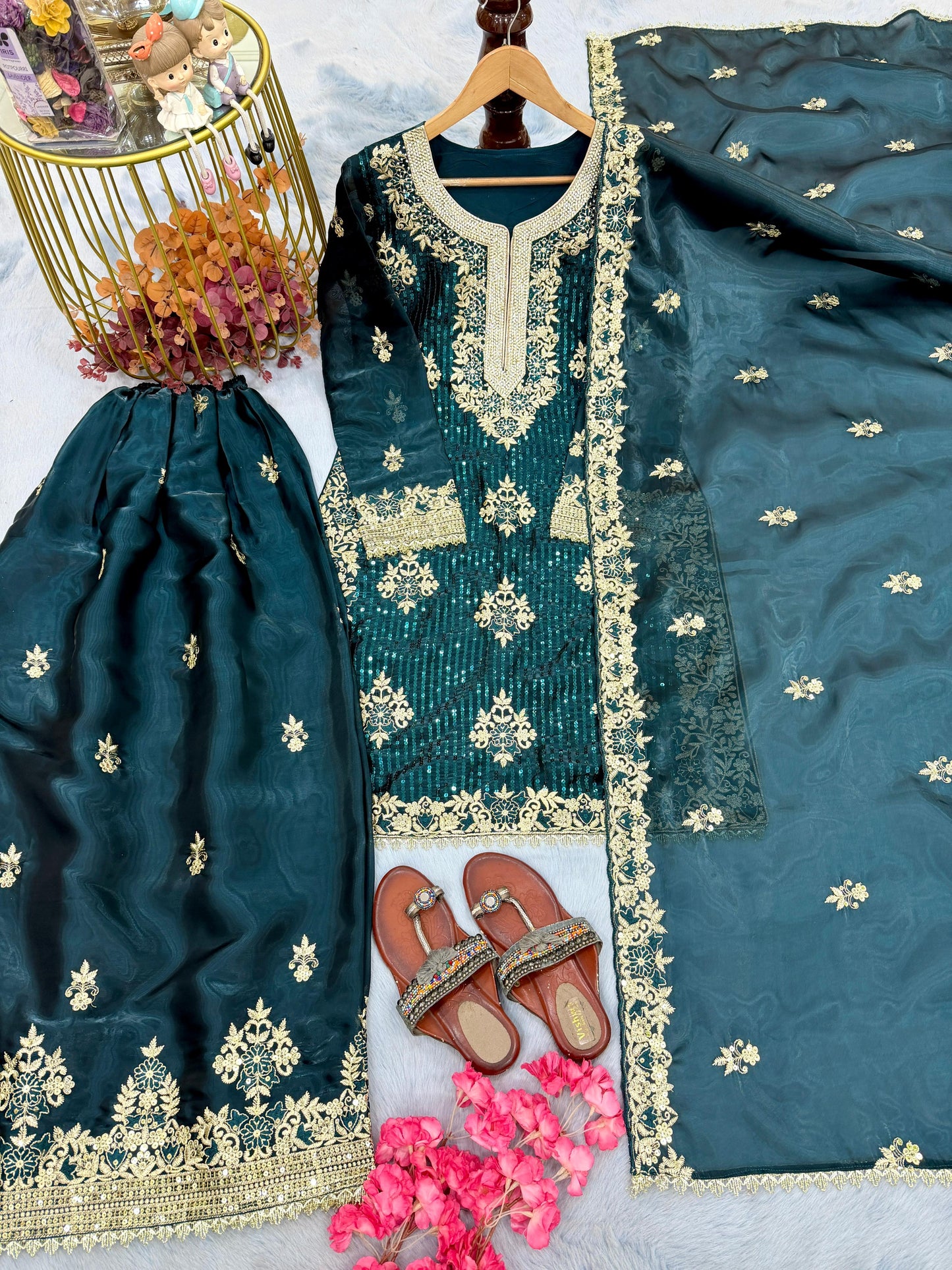 Royal Teal Green Embroidered Gharara Set