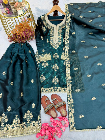 Royal Teal Green Embroidered Gharara Set