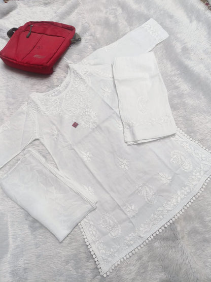 White Lucknow Chikankari for Girls Kurti Pant Set with Pure Mul Mul Chiffon Dupatta