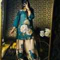 Teal Beige Fiora Floral Digital Print Crepe Coord Set