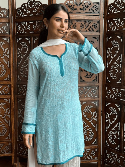Aqua Blue Premium Resham Viscose Jall Short Kurti