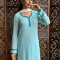 Aqua Blue Premium Resham Viscose Jall Short Kurti