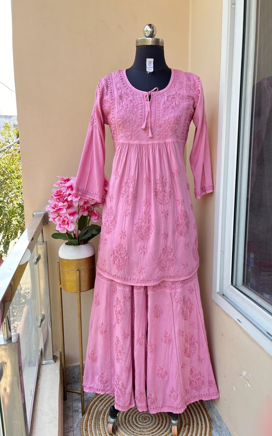 Pink Premium Modal Silk Chikankari Kurti and Gharara Set Limited Stock