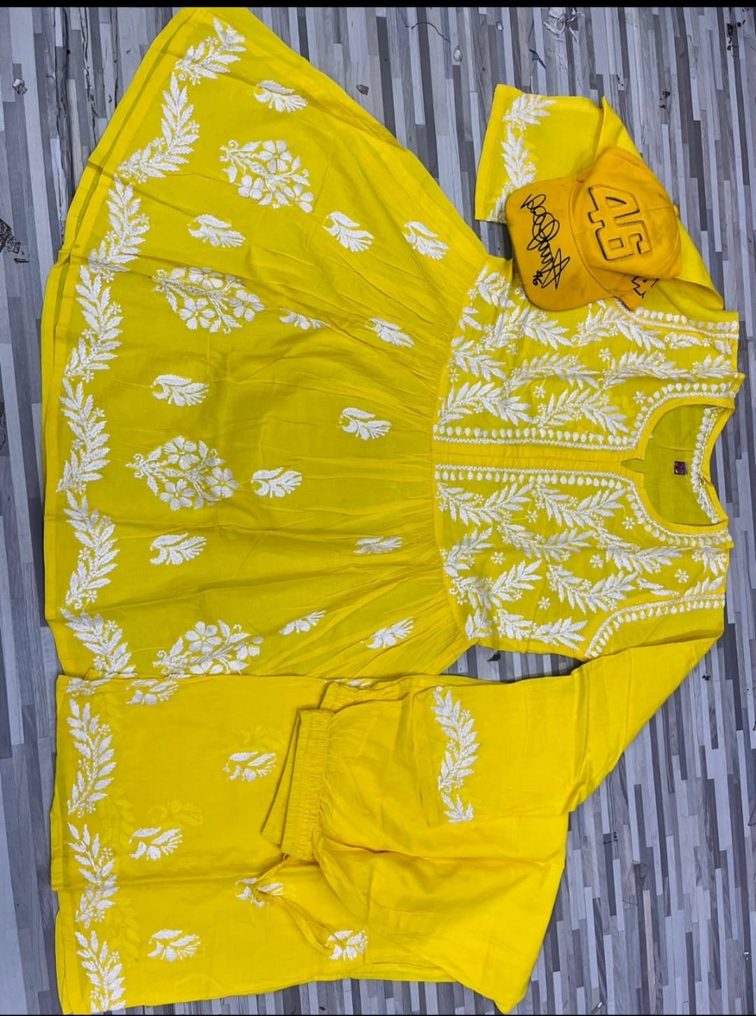 Yellow Chikankari Cotton Short Kurti Palazzo Set