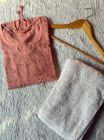 Peach Viscose Chikankari Kurta and Palazzo Set with Mukaish Work (New| Limited Stock)