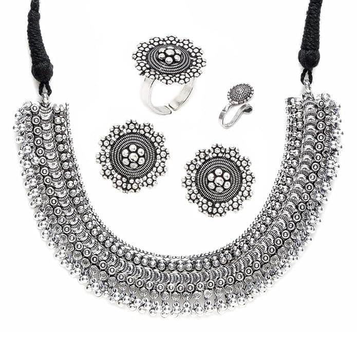 Vintage Oxidised Jewellery Set Necklace , Earrings , Rings , Nose Clip