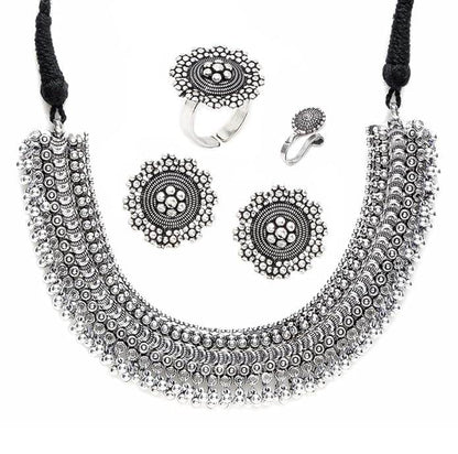 Vintage Oxidised Jewellery Set Necklace , Earrings , Rings , Nose Clip