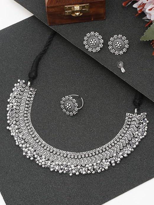 Vintage Oxidised Jewellery Set Necklace , Earrings , Rings , Nose Clip