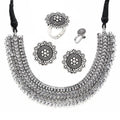 Vintage Oxidised Jewellery Set Necklace , Earrings , Rings , Nose Clip