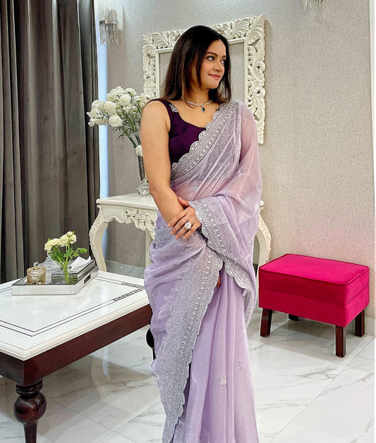 Lavendar Elegant Burburry Silk Saree with Sequins Work - Inayakhan Shop 