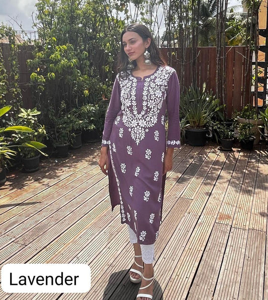 Lavendar Elegant Lucknowi Chikankari Cotton Kurti 3 pc Set - Inayakhan Shop 